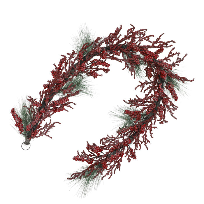 Red Berry Christmas Garland with Green Leaves - 183cm