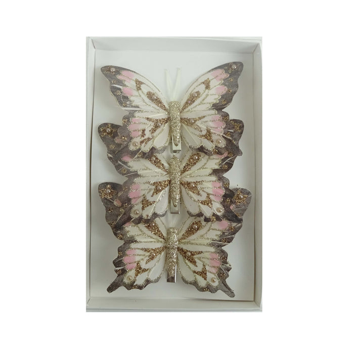 Feather Butterfly Christmas Tree Decoration Coral/Cream - Pack of 3