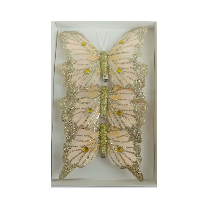 Feather Butterfly Christmas Tree Decoration Coral/Champagne - Pack of 3