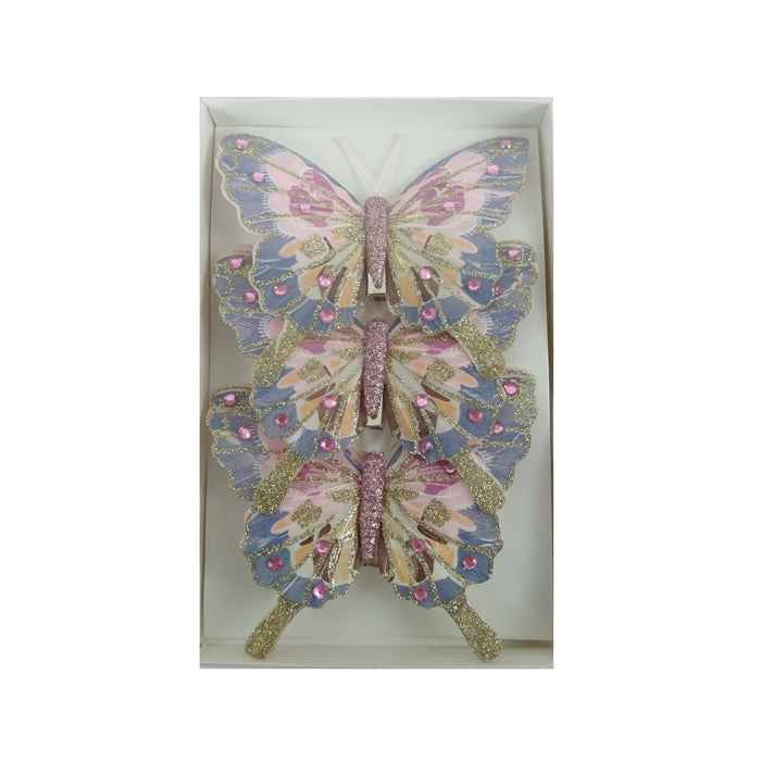 Feather Butterfly Christmas Tree Decoration Pink/Coral/Teal - Pack of 3
