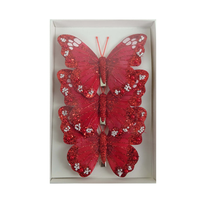 Feather Butterfly Christmas Tree Decoration Red/White - Pack of 3