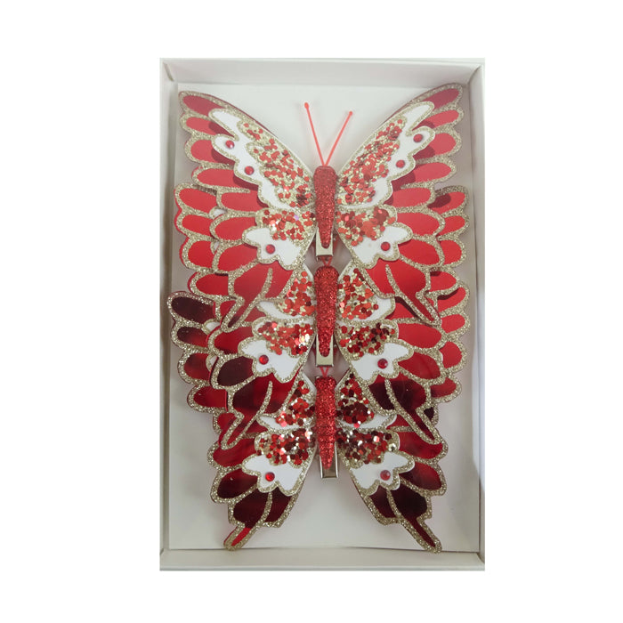 Feather Butterfly Christmas Tree Decoration Red/Champagne - Pack of 3