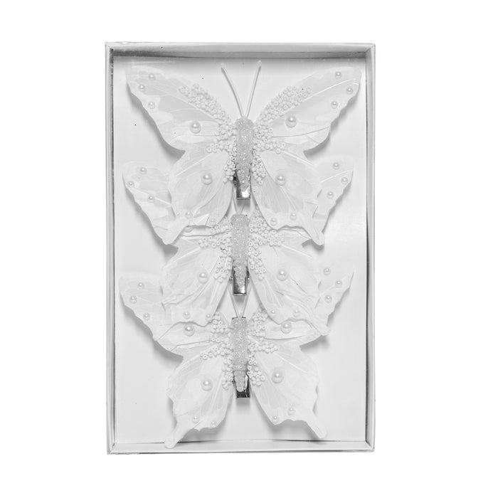 Feather Butterfly Christmas Tree Decoration White/Pearl - Pack of 3