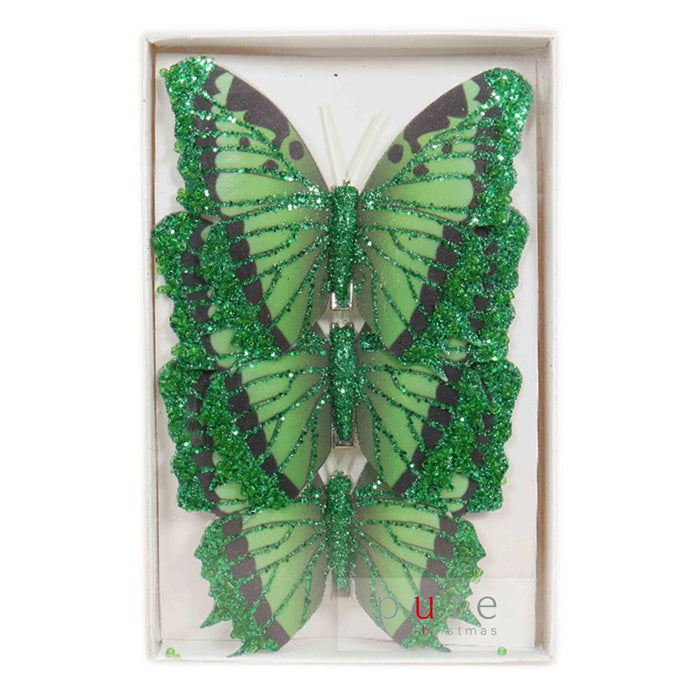 Feather Butterfly Christmas Tree Decoration Emerald Green - Pack of 3