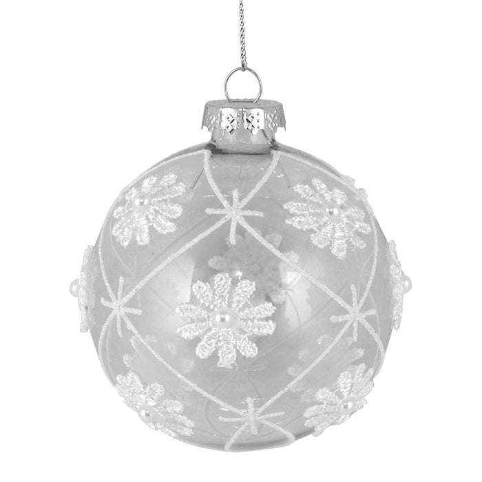 Glass Bauble Christmas Decoration - White/Clear Flower