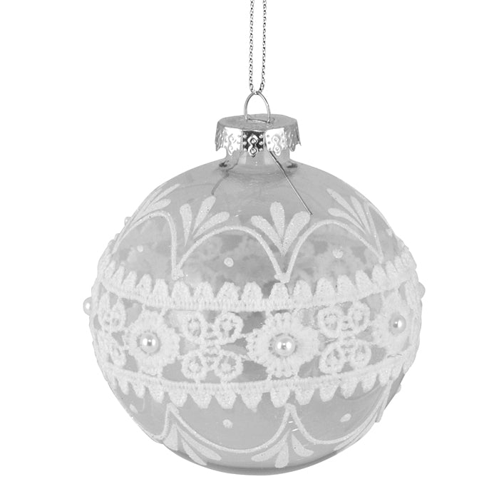 Glass Bauble Christmas Decoration - White/Clear Lace