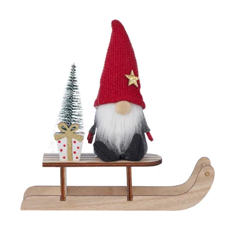 Red Gnome on Sleigh Wood/Fabric