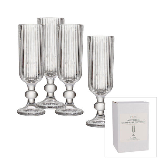 Savoy Clear Ribbed Champagne Flute - Set of 4 - Pure Homewares