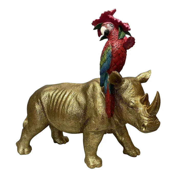 Iris Resin Gold Rhino with Parrot - Pure Homewares