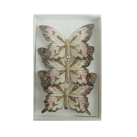 Feather Butterfly Christmas Tree Decoration Coral/Cream - Pack of 3