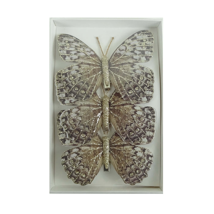 Feather Butterfly Christmas Tree Decoration Brown/White - Pack of 3