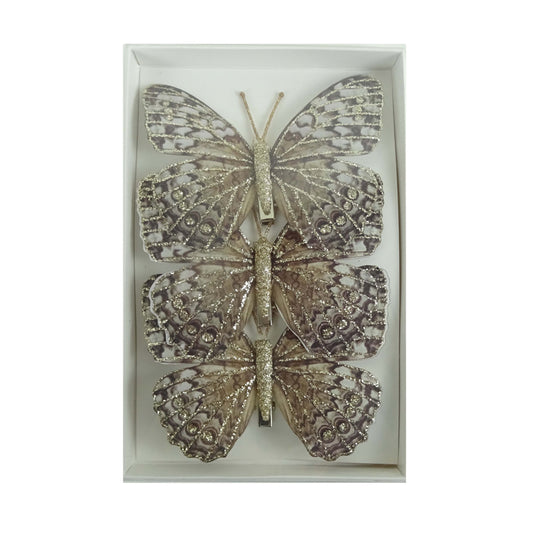 Feather Butterfly Christmas Tree Decoration Brown/White - Pack of 3
