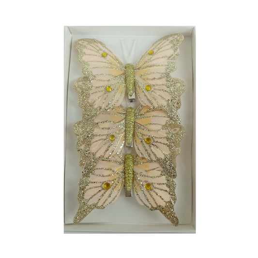 Feather Butterfly Christmas Tree Decoration Coral/Champagne - Pack of 3