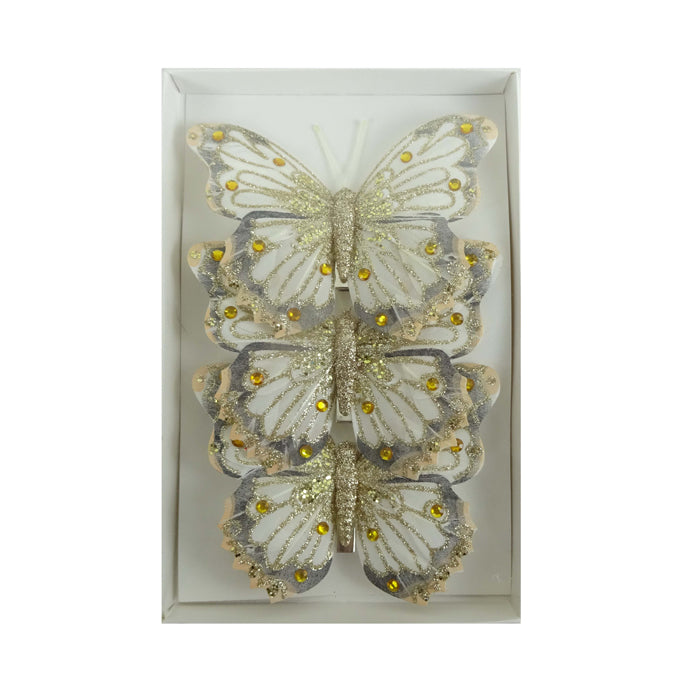 Feather Butterfly Christmas Tree Decoration Cream/Gold - Pack of 3