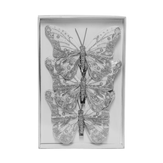 Feather Butterfly Christmas Tree Decoration Silver/White - Pack of 3