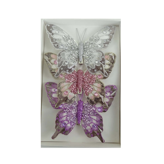 Feather Butterfly Christmas Tree Decoration White/Coral/Purple - Pack of 3