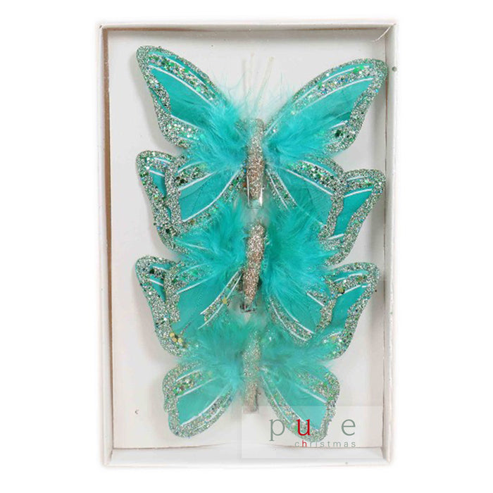 Feather Butterfly Christmas Tree Decoration Teal - Pack of 3