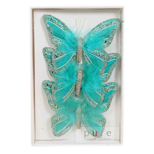 Feather Butterfly Christmas Tree Decoration Teal - Pack of 3