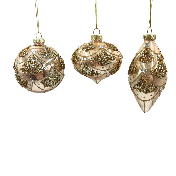 Coral/Gold Bead Glass Christmas Baubles - Set of 3