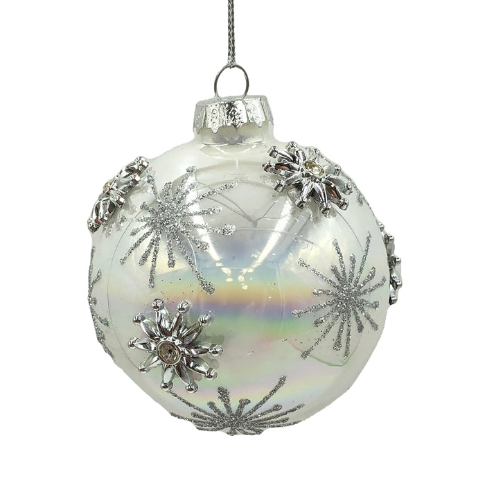 Glass Bauble Christmas Decoration - White with Silver Stars