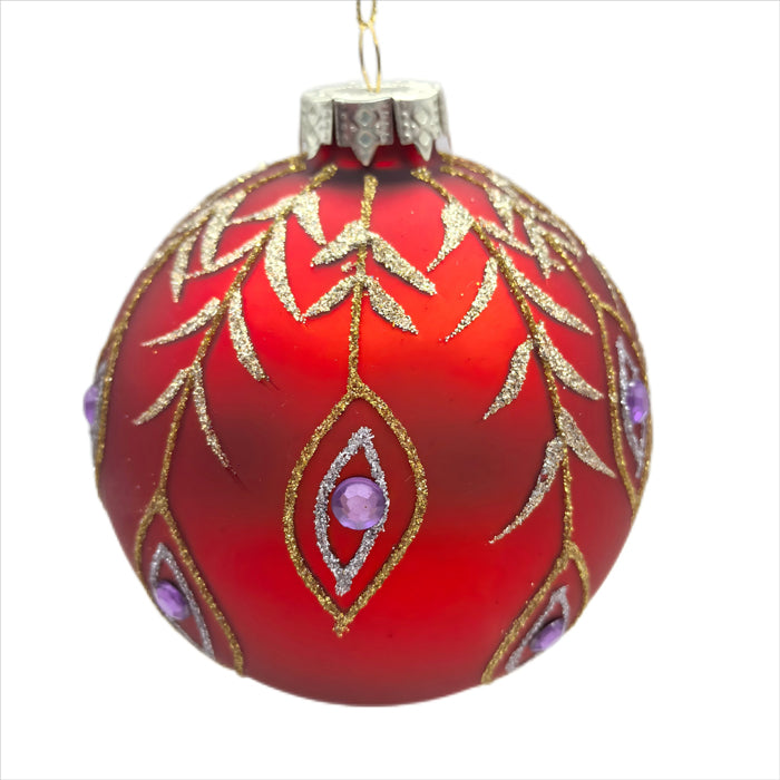 Glass Bauble Christmas Decoration - Red/Gold Leaf