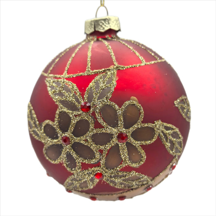 Glass Bauble Christmas Decoration - Red/Gold Flower