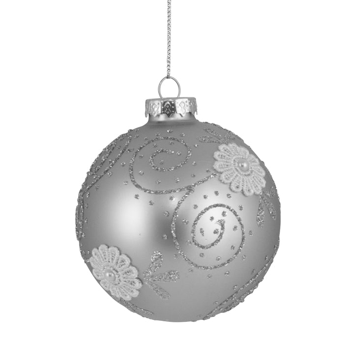 Glass Bauble Christmas Decoration - Silver Lace Flower