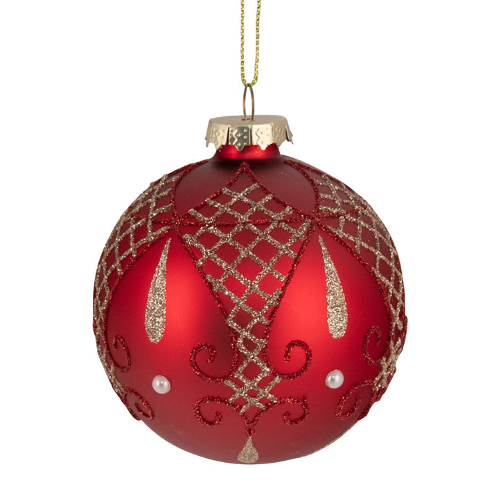 Glass Bauble Christmas Decoration - Red/Gold Net