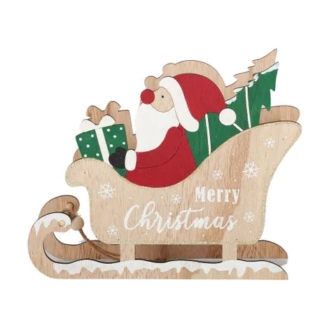 Santa Sleigh Christmas Decoration - Natural Wood