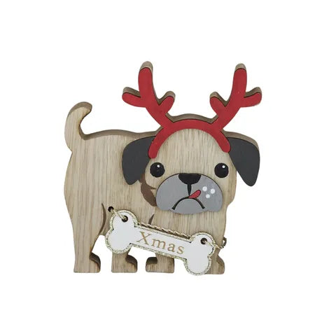 Dog w/ Antlers Christmas Decoration - Natural Wood