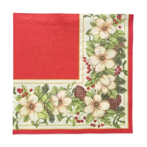 20 Pack White Poinsettia/Red 3 Ply Christmas Napkins